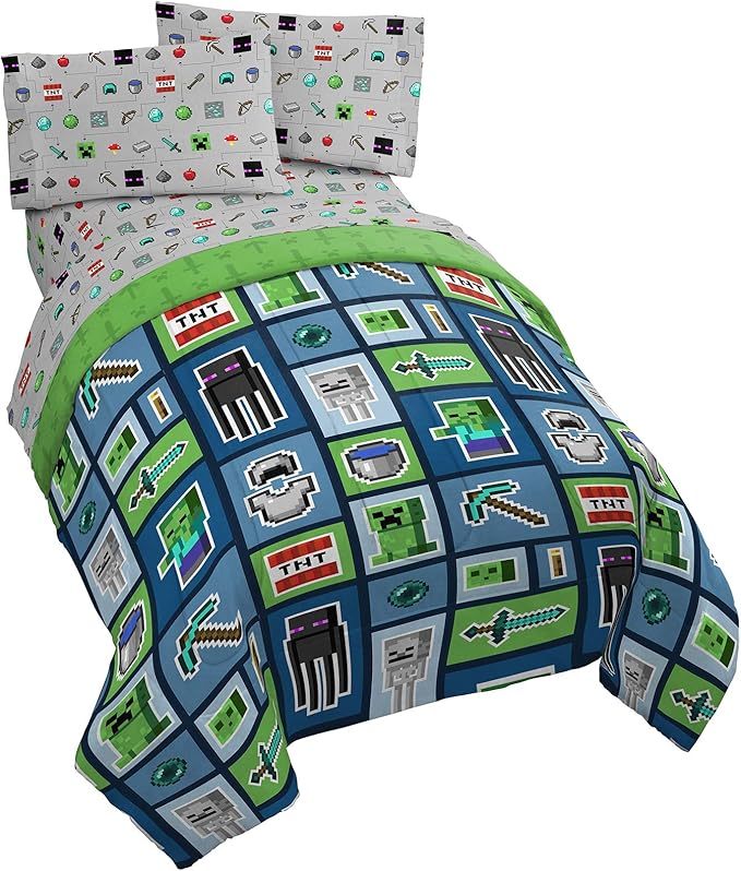 Jay Franco Minecraft Monster Hunters 4 Piece Twin Bed Set - Includes Reversible Comforter & Sheet Set - Bedding Features Creeper - Super Soft Fade Resistant Microfiber (Official Minecraft Product)