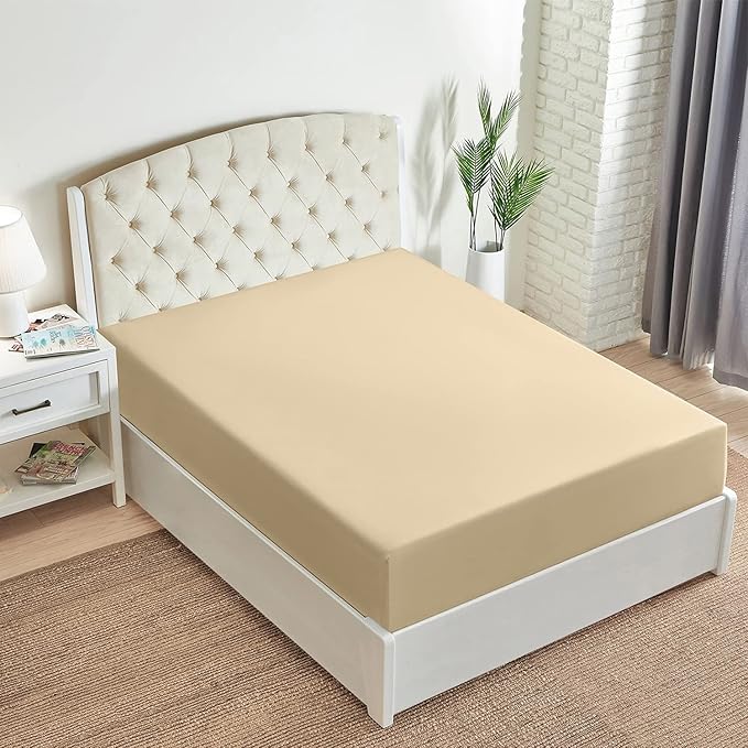 Mellanni King Fitted Sheet - Iconic Collection Bedding Sheets with up to 16 inch Deep Pocket - Soft & Cooling - Fade & Stain Resistant - 1 PC (King, Beige)