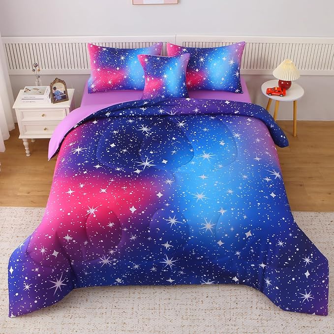JQinHome Queen Ombre Pink Purple Comforter Set, 6 Piece Bed in A Bag 3D Colorful Bedding Sets for Teen Girls (1 Comforter,2 Pillowcases,1 Flat Sheet,1 Fitted Sheet,1 Cushion Cover)(Star Purple)