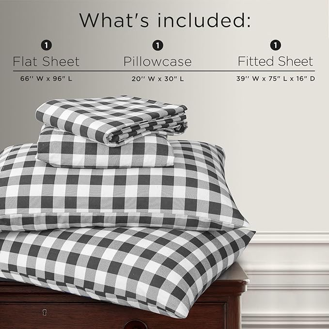 Briarwood Home® Printed Flannel Sheet Set, 100% Natural Cotton, Soft, Warm & Deep Pocket, Advanced Nano-Tech Making it Resistance to Pilling; Brushed 6 Times for Softness (Buffalo Grey, Twin)