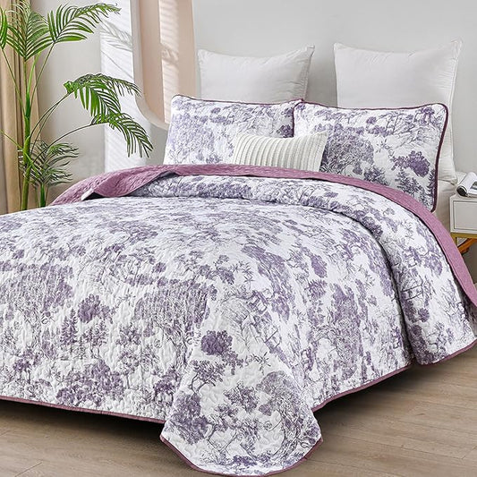 WONGS BEDDING Botanical Quilt Set King Size, Purple 3 Pieces Toile Floral Plants Printed Bedspread Bedding Set Soft Lightweight Microfiber Coverlet Set for All Season (104"x90")