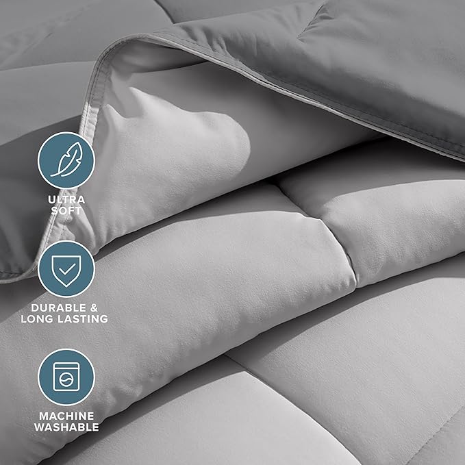 Bare Home Reversible Bed-in-A-Bag Comforter & Sheet Set - Split Head Flex King - Down Alternative - Soft - Bedding Set (Split Head King, Grey/Light Grey)