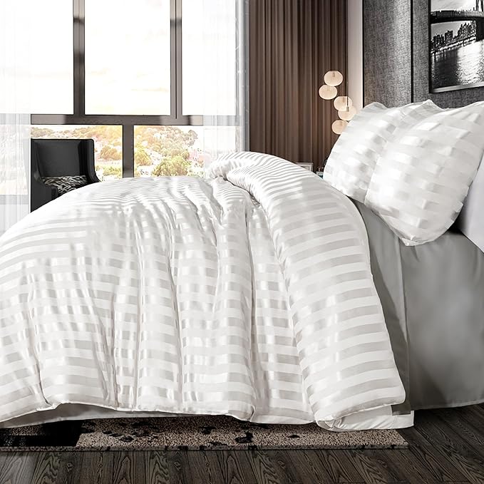 Whale Flotilla 2-Piece Reversible Silky Soft Twin Size Comforter Set, Luxury Stripe Satin Comforter Bedding Set with Satin Pillowcase, Lightweight Duvet for All Seasons, White