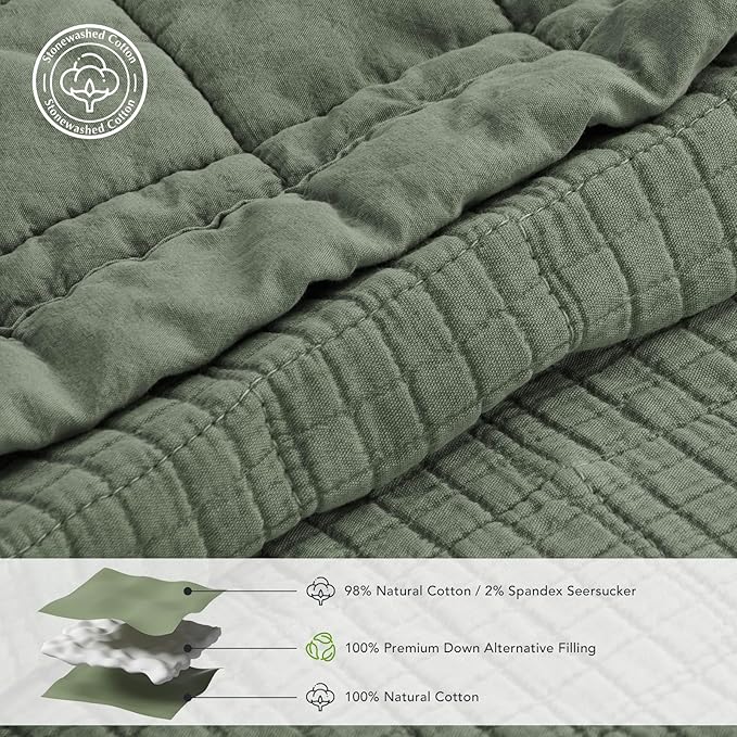 EVERGRACEHOME Stonewashed Cotton Quilt Set Full Queen Size, Ultra Soft Oversized Bedspread Coverlet Set, Lightweight Crinkle Box Stitch Bedding Sets for All Season, with 2 Shams, Olive Green