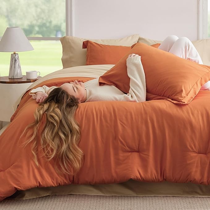 Bedsure Twin Comforter Set - 5 Pieces Burnt Orange Twin Bedding Set for All Seasons, Boho Contrasting Design Bed in a Bag with Comforter, Sheets, Pillowcase & Sham
