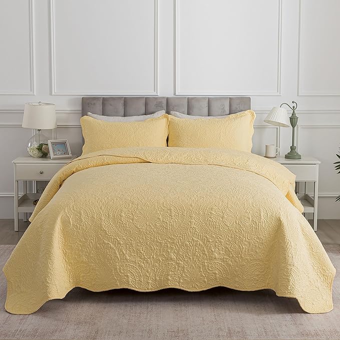HoneiLife Queen Size Quilt Sets - 3 Piece Queen Quilt Bedding Set Microfiber Quilt Set Lightweight Bedspreads Reversible Coverlets Retro Bed Cover Floral Bedding Set All Season Quilts-Yellow