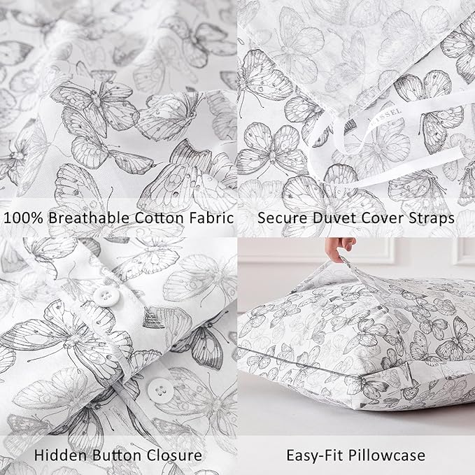 Vintage 100% Natural Cotton Duvet Cover Sets 3Pcs - Elegant Charcoal Gray Sketch Butterflies on White, Artistic Bedding Set with Button Closure(Queen,90"×90"