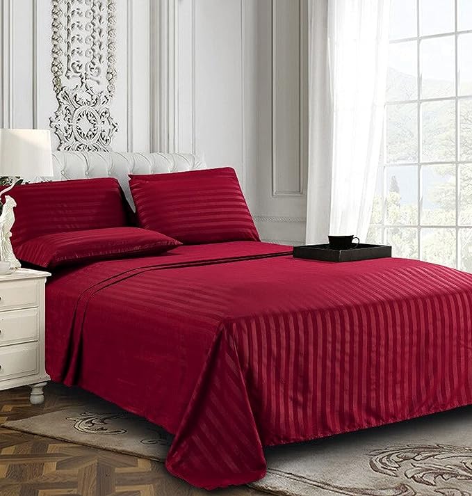 Elegant Comfort Best, Softest, Coziest 6-Piece Sheet Sets! - 1500 Premier Hotel Quality Luxurious Wrinkle Resistant 6-Piece Damask Stripe Bed Sheet Set, Queen Burgundy