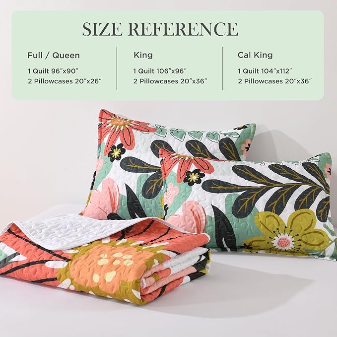 Andency Floral Boho California King Quilt Bedding Set Green, 3 Pieces Farmhouse Flower Botanical Summer Oversized King Bedspreads, Soft Reversible Lightweight Microfiber Coverlet Set, 104"x112"