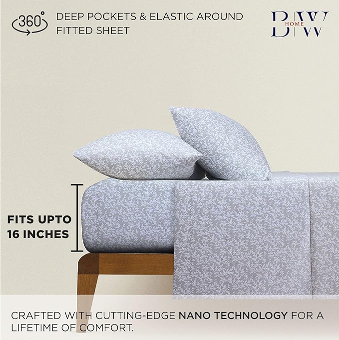 Briarwood Home® Printed Flannel Sheet Set, 100% Natural Cotton, Soft, Warm & Deep Pocket, Advanced Nano-Tech Making it Resistance to Pilling; Brushed 6 Times for Softness (La Folia Grey, Queen)