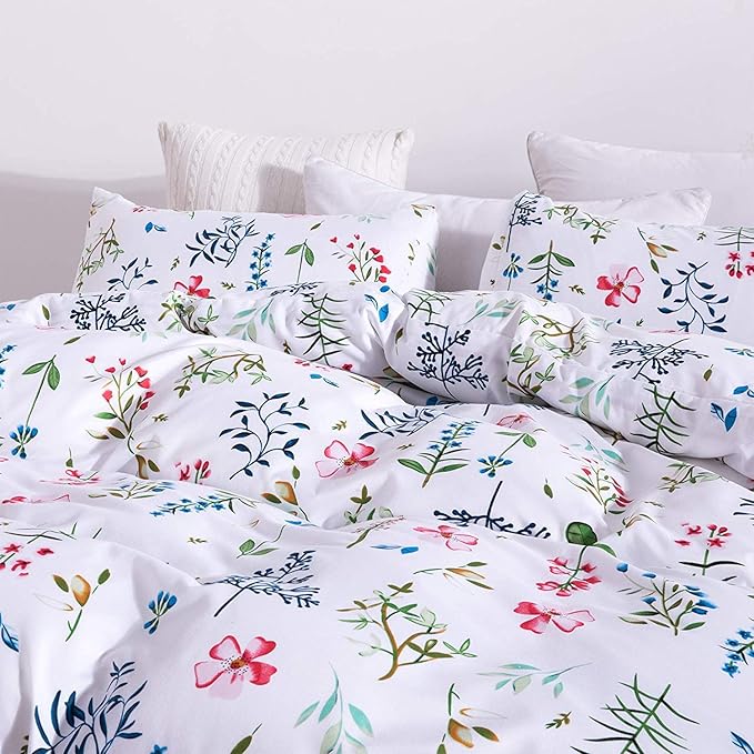 Feelyou Floral Duvet Cover Set King Vivid Flowers Bedding Set for Kids Girls Teens Women Pastoral Plants Branches Print Quilt Cover Set Polyester White Green Comforter Cover with 2 Pillow Shams, 3Pcs