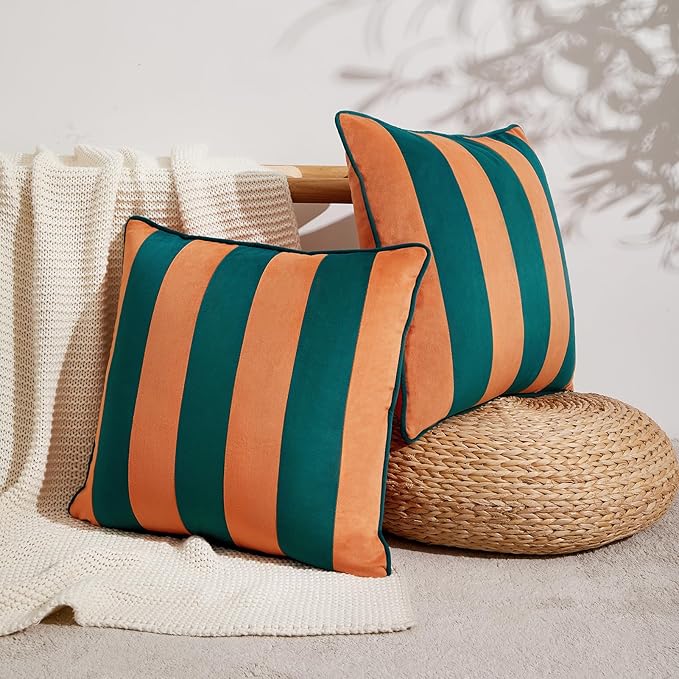 MONDAY MOOSE Decorative Throw Pillow Covers Cushion Cases, Set of 2 Soft Velvet Striped Piping Edge Designs, Pillow Inserts Not Included (18x18 inch, Coral/Dark Teal)