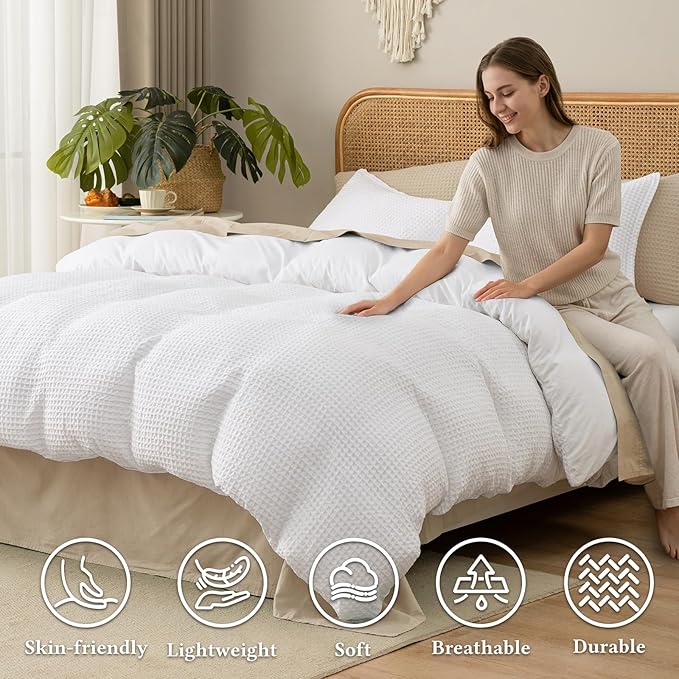 David's Home Waffle Weave Duvet Cover Set Queen Size,Soft Breathable 3pcs Comforter Cover Set with 2 Pillowcases,Textured Home Decor Bedding Set Cozy for All Seasons, White 90"×90",No Comforter