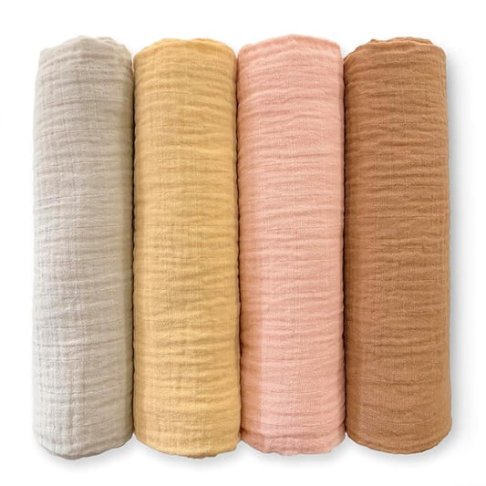 SwaddleDesigns Cotton Muslin Swaddle Blankets for Babies, Set of 4, Neutral Receiving Blankets for Newborn, Baby Registry & Gift, 46x46 inches, Tuscan Sunset