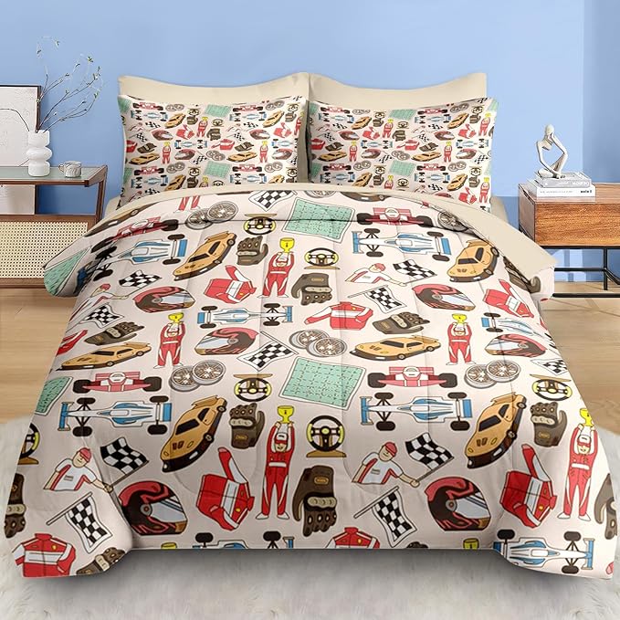 Comforter Set Twin Size, Racing Car Competition 5 Pcs Bedding for Kids and Adults, Race Game Cute Wheel Bed Sheet Sets with Fitted Sheet Pillowcase & Sham for Bedroom Bed Decor