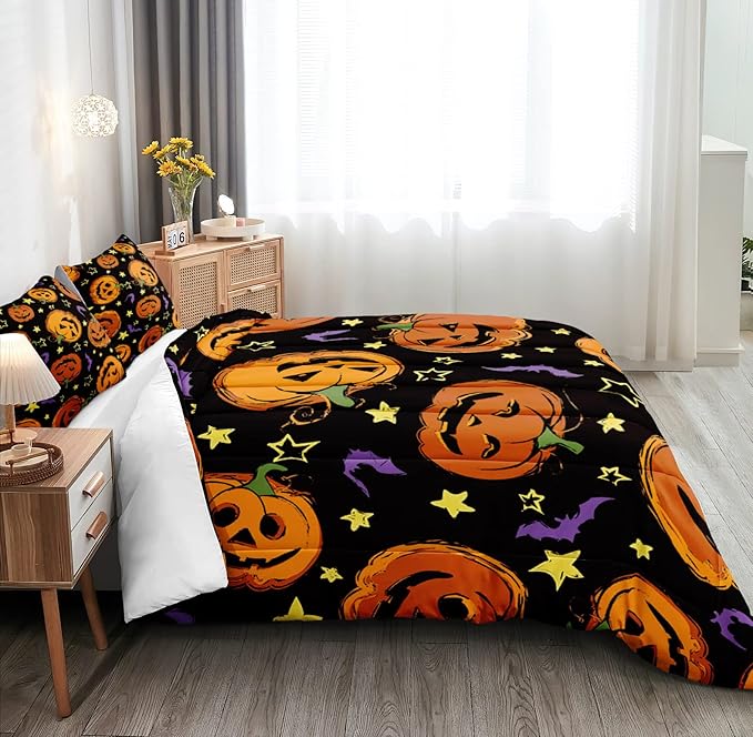 Bedbay Pumpkin Halloween Comforter Set Queen Size Black and Gold Bedding Set Cartoon Pumpkin Festival Themed 4 Pcs Comforter Set Halloween Decorations (Orange,Queen)