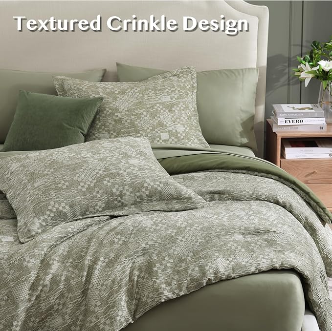 MaiRêve Queen Comforter Set Olive Green, Crinkle Textured Design Bedding Set 7 Pieces Bed in A Bag, All Season Farmhouse Comforter Set with Sheets, Pillowcases & Shams