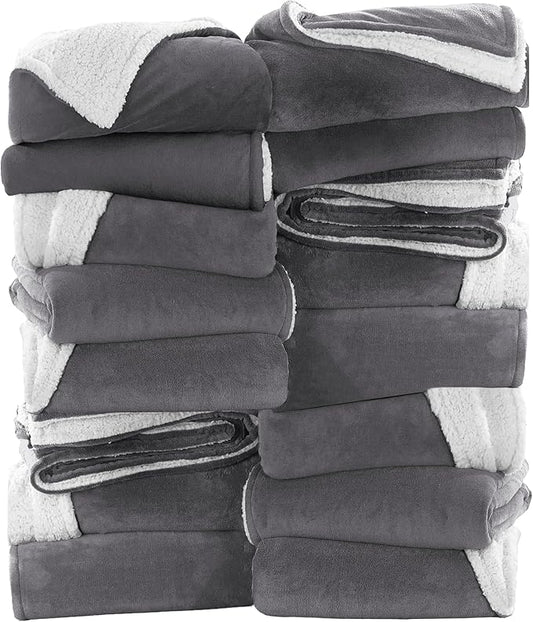 MOONLIGHT20015 Grey Sherpa Fleece Throw Blanket for Bed - Wholesale Bulk Pack of 16 Sherpa Blankets - Soft Fluffy Throw Blankets for Hotels, Guest Bedroom, 50x60 Inches