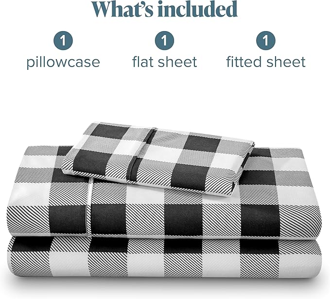 Bare Home Twin Sheet Set - 1800 Ultra-Soft Microfiber Double Brushed - Deep Pockets - Easy Fit - 3 Piece Set - Bedding Sheets & Pillowcases (Twin, Buffalo Plaid - White/Black)