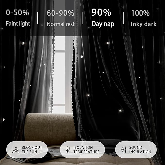 XiDi Grey Curtains for Bedroom 63 Inches Long 2 Panels Hollow Star Curtains Thermal Insulated Modern Luxury Unicorn Decor for Little Girl Kids Room Living Room Gray Blackout Curtains 34W x 63L