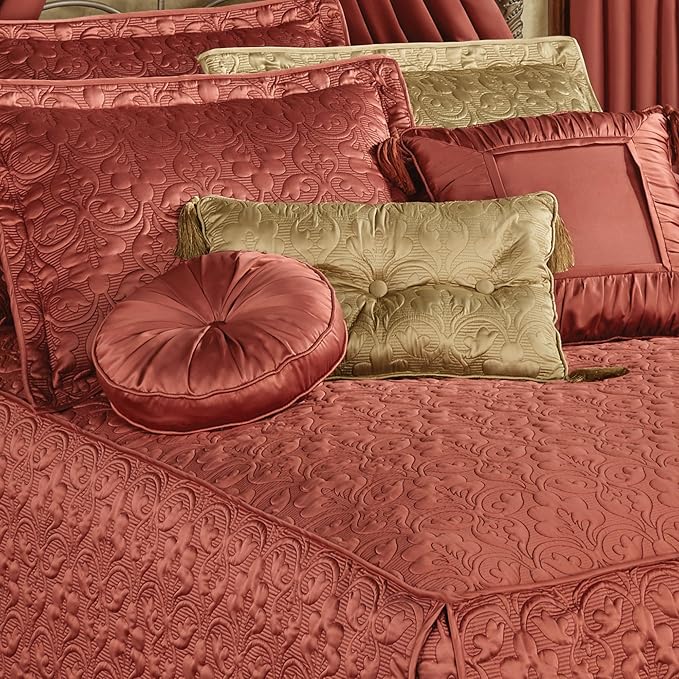 Cambridge Classic Luxury Bedding | Warm Cinnabar Solid Color Polyester Satin | Elaborate Damask Quilting | 6 Pc Bed Set Includes Fitted Oversized King Bedspread, 2 King Shams, & 3 Decorative Pillows