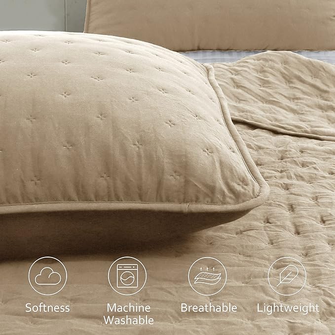 ROARINGWILD Cloud Oversized King Quilt Sets with Pillow Shams, Beige California Cal King Size Lightweight Soft Coverlet Bedspread, Tan Cream Thin Bedding Set, 3 Pieces, 118x106 inches
