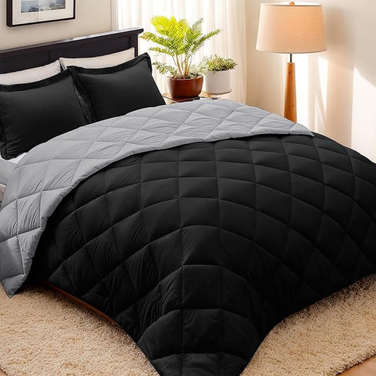 HIG 3pc Black Twin/Twin XL Comforter Set - All Season Reversible Down Alternative Comforter with Sham - Quilted Duvet Insert with Corner Tabs - Diamond Stitched Blanket - Breathable, Soft, Fluffy