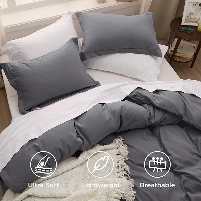 Bedsure Dark Grey Oversized Queen Duvet Cover - 3 Pieces Prewashed Cotton-Like Polyester Extra Soft Bedding Set, Includes 1 Duvet Cover 98x98 Inches with Zipper Closure & 2 Pillow Shams, No Comforter