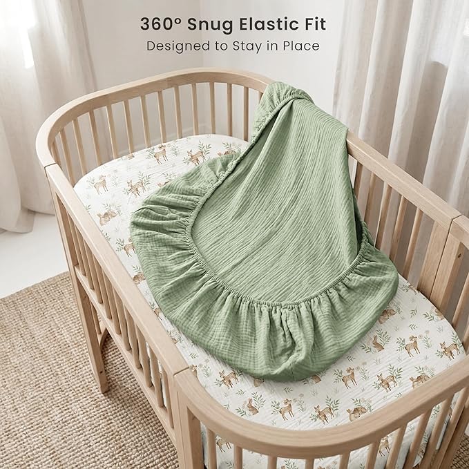 Konssy 2 Pack Muslin Bassinet Sheets for Boys, Girls, 100% Cotton Soft Breathable Fitted Bassinet Mattress Sheet, 33 x 21 inches (Woodland,Sage)