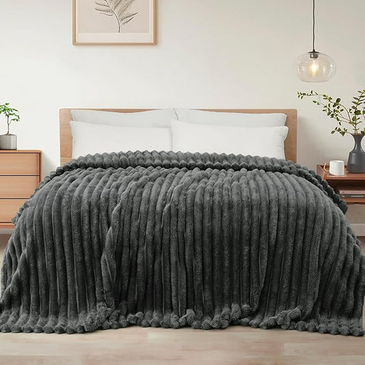 Exclusivo Mezcla Queen Size Flannel Fleece Blanket, Super Soft Striped Jacquard Bed Blanket, Lightweight Fuzzy Cozy for All Seasons, 90x90 Inches, Dark Grey