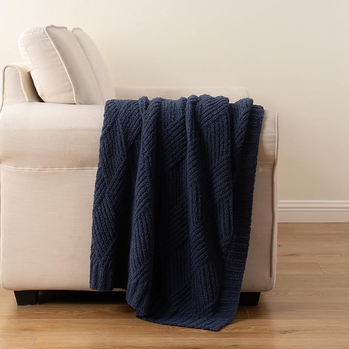 Battilo Navy Diamond Knit Throw Blanket for Couch and Bed, Soft Textured Chenille Blanket, Cozy Lightweight Decorative Blanket for Sofa, 50"x60"