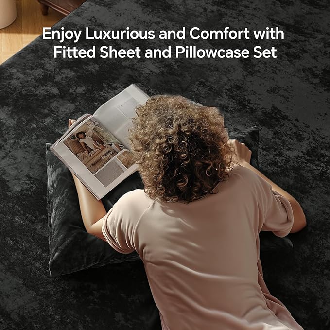 BEDELITE Velvet Fitted Sheet and Pillowcase Set, Luxury Soft Fuzzy Bottom Sheet with Reinforced Elastic Corner Straps, Deep Pocket up to 15 Inch, 1 Fitted Sheet and 1 Pillowcase (Twin XL, Black)