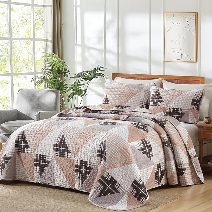 Annibedding Quilt Set Queen Size, Plaid Patchwork Bedspread Geometric Reversible Bedding Sets, 3 Piece Soft Microfiber Farmhouse Bedding Quilt Set for All Season (Queen, 96''x90'')