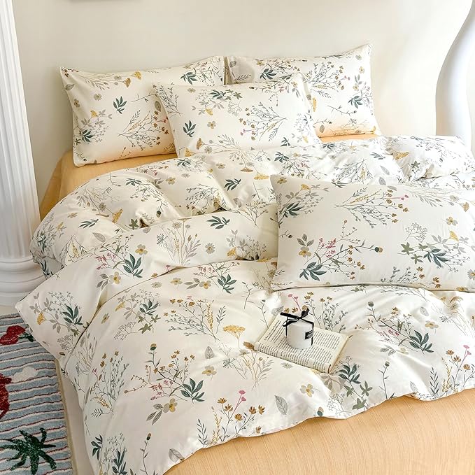 HighBuy Floral Duvet Cover Twin 100% Cotton Girls Yellow Floral Botanical Coquette Bedding Comforter Cover with Zipper Chic Cottagecore Twin Bed Duvet Cover Set 3 Pieces,Lightweight,Breathable