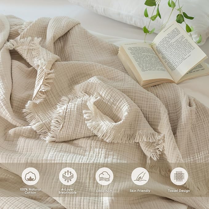 MooMee Muslin Blanket - 100% Cotton 4-Layer Gauze Throw Blanket with Tassels Ultra-Soft Breathable Lightweight Cooling for Bed Couch (Beige,Oversized Queen 98" x 98")
