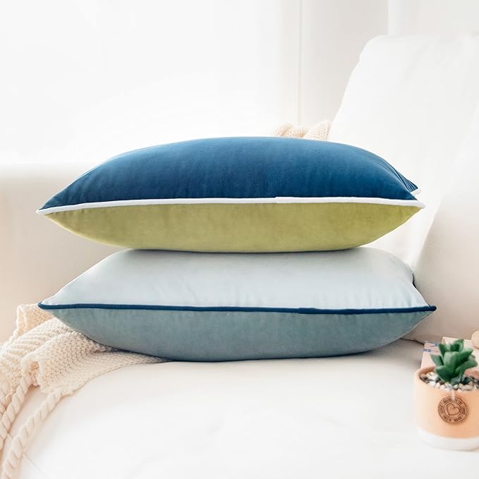 MONDAY MOOSE Decorative Throw Pillow Covers Cushion Cases, Set of 2 Soft Velvet Modern Double-Sided Designs, Mix and Match for Home Decor, Pillow Inserts Not Included (12x20 inch, Green/Blue)