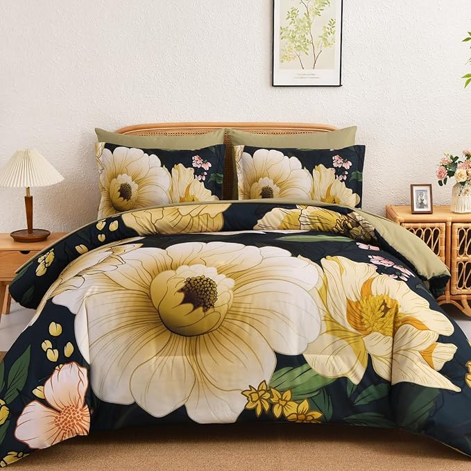 Xruibed Dark Green Floral Comforter Set King Size 7 Pieces Bed in a Bag Flower Bedding Sets Lightweight Boho Bed Set with Sheet,Pillowcases&Shams for All Season