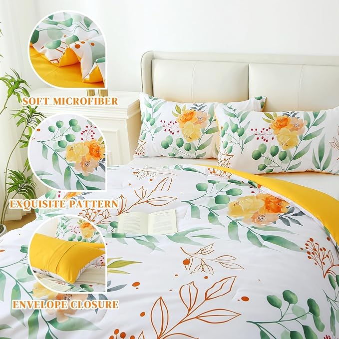 King Comforter Set Yellow 3 Pieces Bed in a Bag, Floral Bedding Sets Elegant Botanical Bed Set Lightweight Soft Comforter with 2 Pillowcases for All Season