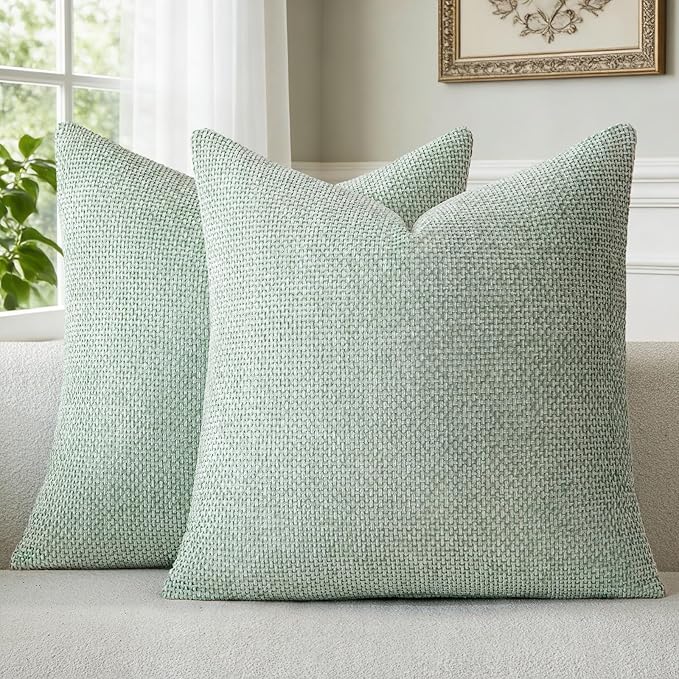a moment Light Green Chenille Throw Pillow Covers 22x22 Inch Pack of 2 Modern Decorative Throw Pillow Covers FarmhouseCross Covers Home Decor for Sofa Bedroom Living Room