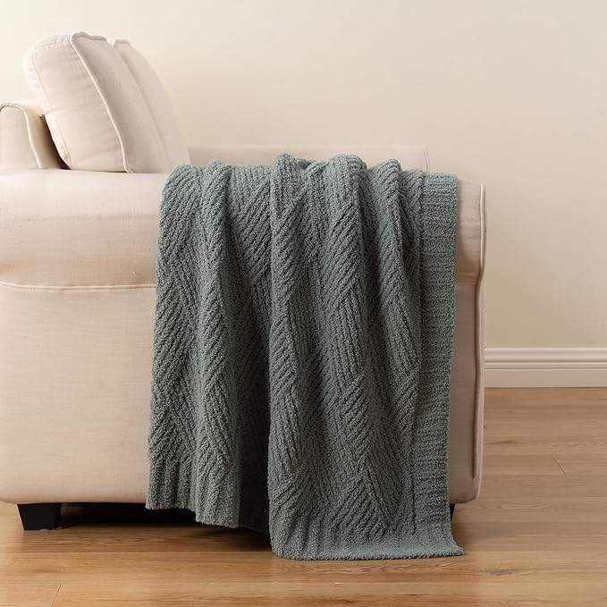 Battilo Sage Green Diamond Knit Throw Blanket for Couch and Bed, Soft Textured Chenille Blanket, Cozy Lightweight Decorative Blanket for Sofa, 50"x60"