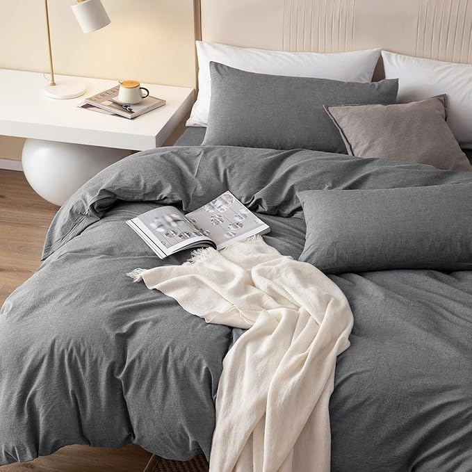 JIYUAN 100% Washed Cotton Duvet Cover Set 3 PCS Oversized Queen, 1 Duvet Cover 98"x98" (Comforter Not Included) and 2 Pillowcases,Linen Feel Bedding Set Comfy and Breathable, Heathered Dark Grey