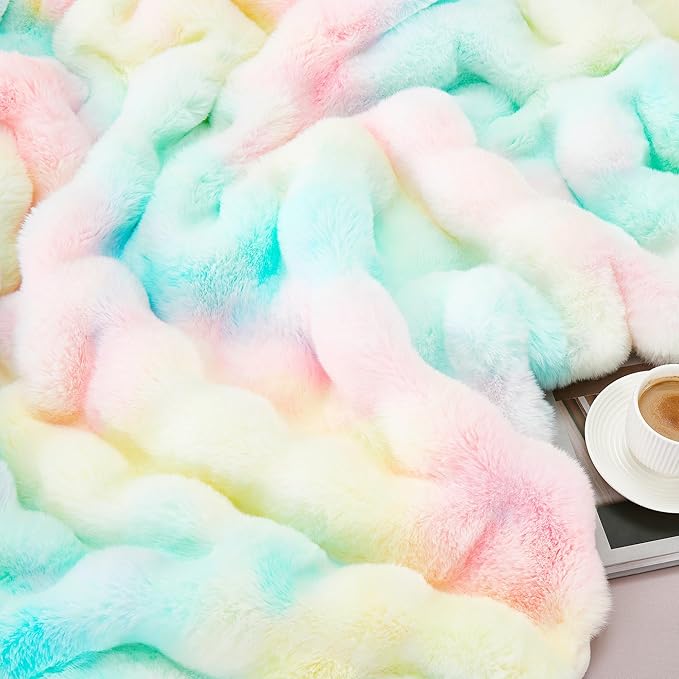 DREAMNINE Large Colorful Soft Fluffy Bubble Faux Rabbit Fur Blanket Full Size 70" x 80", Luxury Double Sided Big Thick Fuzzy Bed Blankets, Cute Warm Cozy Plush Comfy Furry Blanket for Winter, Rainbow