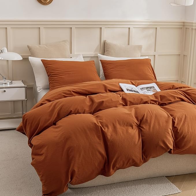 ECOCOTT 100% Washed Cotton Duvet Cover Full Size – Soft & Breathable Linen Feel Bedding Set, 3 Pieces Brown Comforter Cover with Zipper Closure for All Seasons