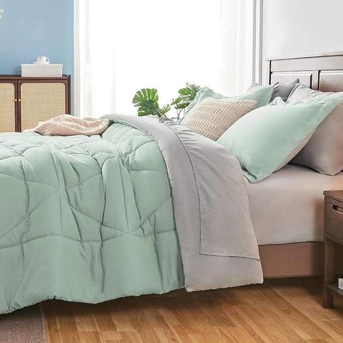 BEDELITE Twin XL Comforter Set 5 Pieces Bed in A Bag - Soft Microfiber Reversible Twin Extra Long Sage Green Bed Set with Comforters, Sheets, Pillowcase & Sham, Cozy Bedding Sets for College Dorm Room