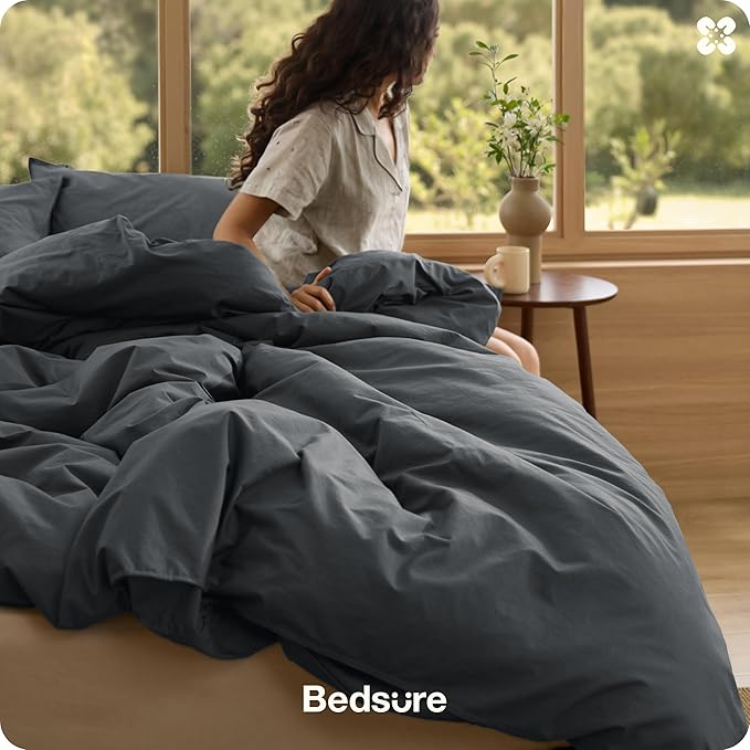 Bedsure Cotton Duvet Cover Full - Luxury Slub Weave 100% Cotton Duvet Cover with a Linen Like Textured, Easy Change Durable Bedding, Charcoal, 80" x 90"