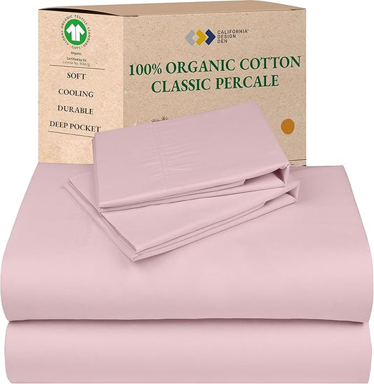 California Design Den California King Sheets Set - Soft 100% Organic Cotton, Deep Pockets, Crisp Percale Cotton Sheets, Breathable and Durable Bedding Set (Pink - Chalky Tone)