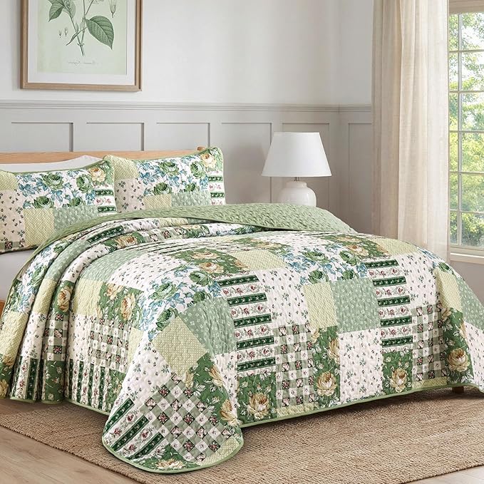 Anibedding Patchwork Quilt Set King Size Sage Green Floral Bedspread Coverlet Set, Green Rustic Plaid Quilted Bedding Set, Soft Microfiber Farmhouse Bedding Set for All Season