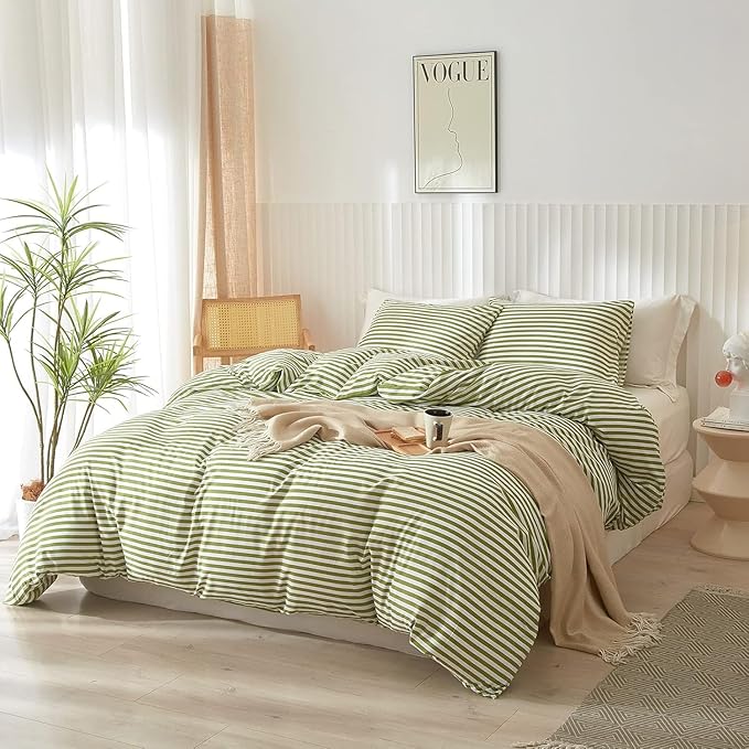 LifeTB King Size Comforter Set Modern Striped Comforter Set King Green White Stripes Pattern Comforter 3 Pieces Lightweight Bedding Comforter Set Boho Stripe Soft Fluffy Comforter with 2 Pillowcases