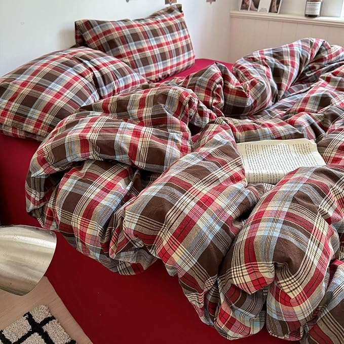 mixinni Vintage Red & Brown Buffalo Plaid Duvet Cover Set Twin Size - 3 Piece Washed Cotton Bedding Set with Classic Checkered Pattern, Cozy Farmhouse Duvet Cover with Pillowcases for All Seasons