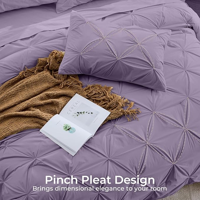 Sasttie Queen Comforter Set, 7-Piece Bed in a Bag, Pintuck Bedding Sets for All Season, Includes Comforter, Flat Sheet, Fitted Sheet, Pillowcases and Pillowshams, New Purple